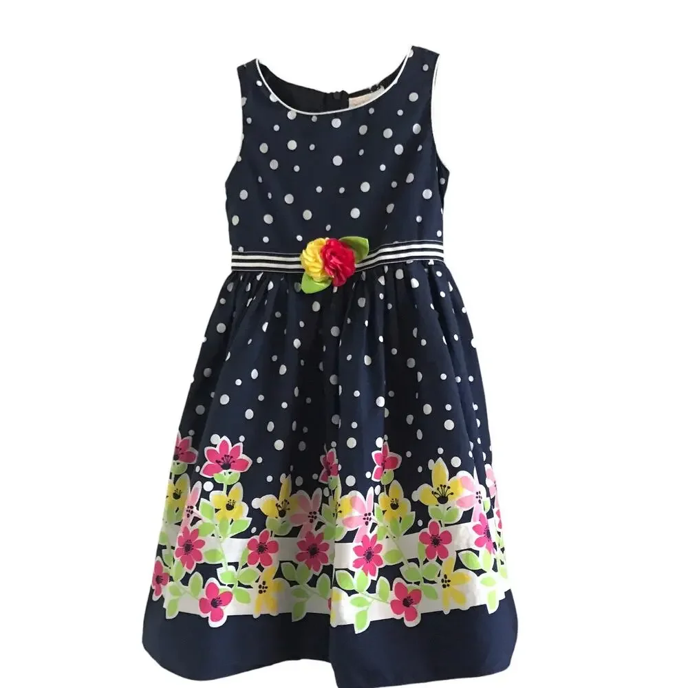 Youngland Dress Navy Blue Floral Polka Dots Sleeveless A-Line Girls Size 6X